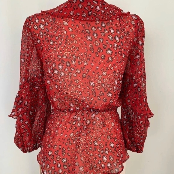 Zara Red Animal Print Sheer Flowy Ruffle Trim Wrap Blouse Top sz Small - Picture 8 of 8